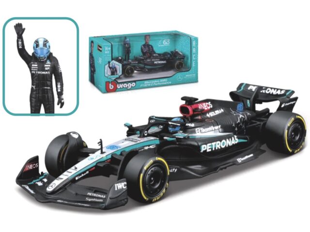 Mercedes Benz Amg W15 #63 George Russell 2024 With Figure 1:24 Zilver/zwart/turquoise