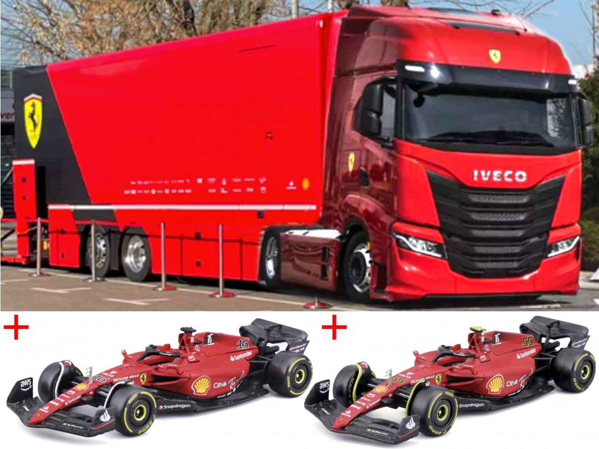 Ferrari Iveco S-way 570 Racing Transporter 2022 + 2 F1 - 75 Cars 1:43 ...